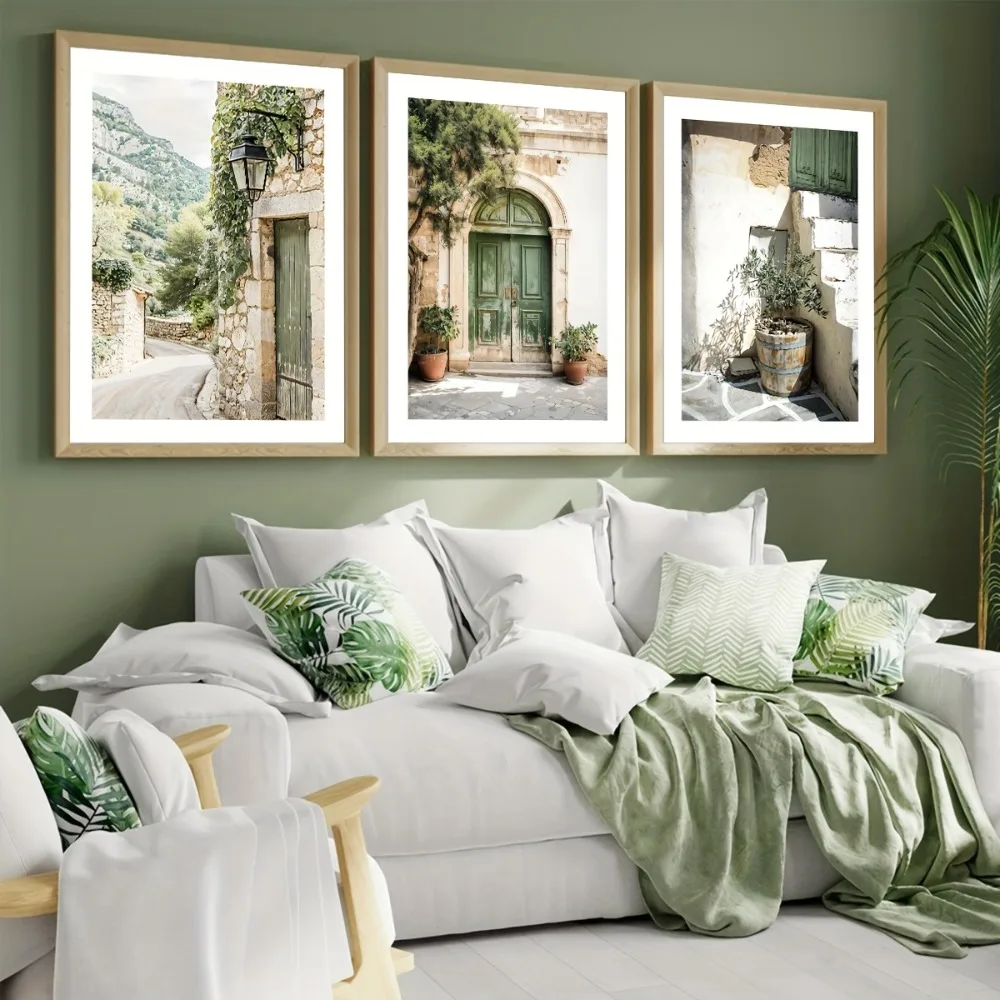 Frameless Green Bohemian Door Print with Olive Tree and Floral Theme
