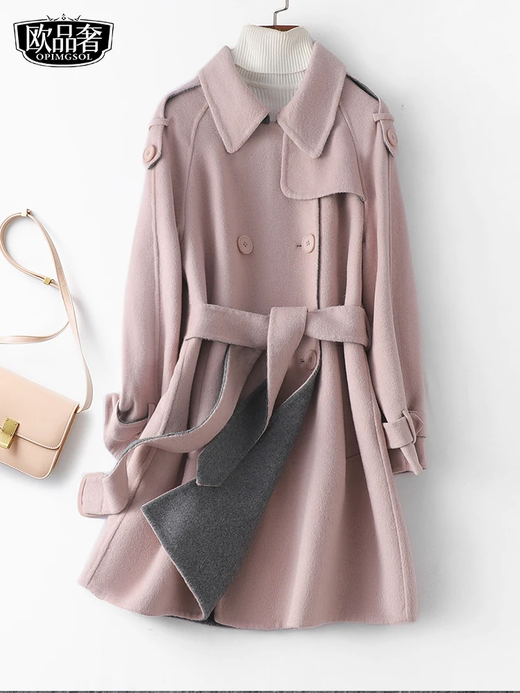 

Cashmere Coat Women's Mid length Lace up Korean Style Fashion Double-sided Cloth Small Autumn/Winter New High end Woolen Coat