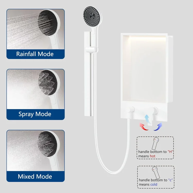Shower Niche with Round Hand Shower, Sliding Bar and LED Light in Matte White/Vertical 5