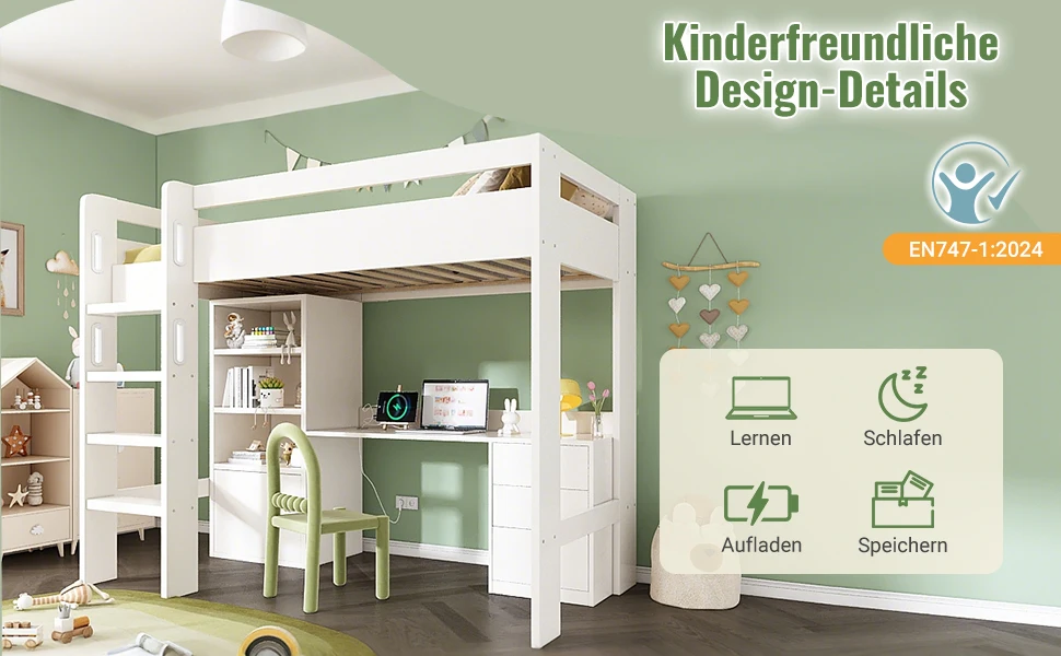 Kinder-Etagenbett mit USB-C, Schreibtisch, Kleiderschrank und Aktenschrank; Jugendbett, Einzelbett mit Treppe und Lattenrost – Detail 24