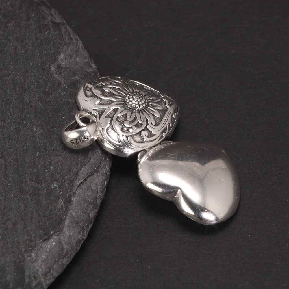 Vintage Thai Silver 925 Sterling Heart Shaped Lockets Pendant Aromatherapy Antique Hollow Flower Natural Stone Fine Jewelry pendant necklace silver pendant