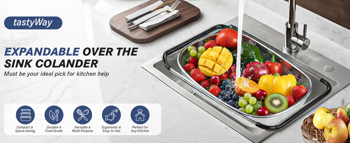 tastyWay Set Stainless Steel Over Sink Colander with Telescopic Handle - Metal Mesh Strainer Basket for Washing Fruits & Vegeta 1 Scb4ba7f995124827bf84a5a195decdef0