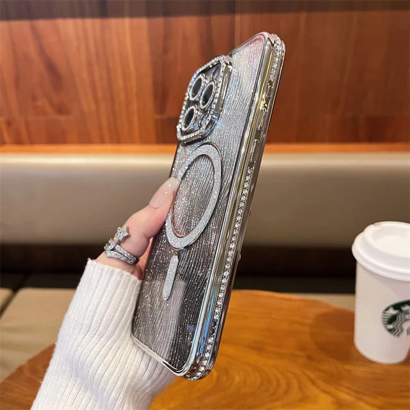 Luxury Plating Flash Rhinestone Glitter Magsafe Magnetic Phone Case For iPhone 11 12 13 14 15 16 Pro Max Bumper On 15 Plus Cover Phone Case