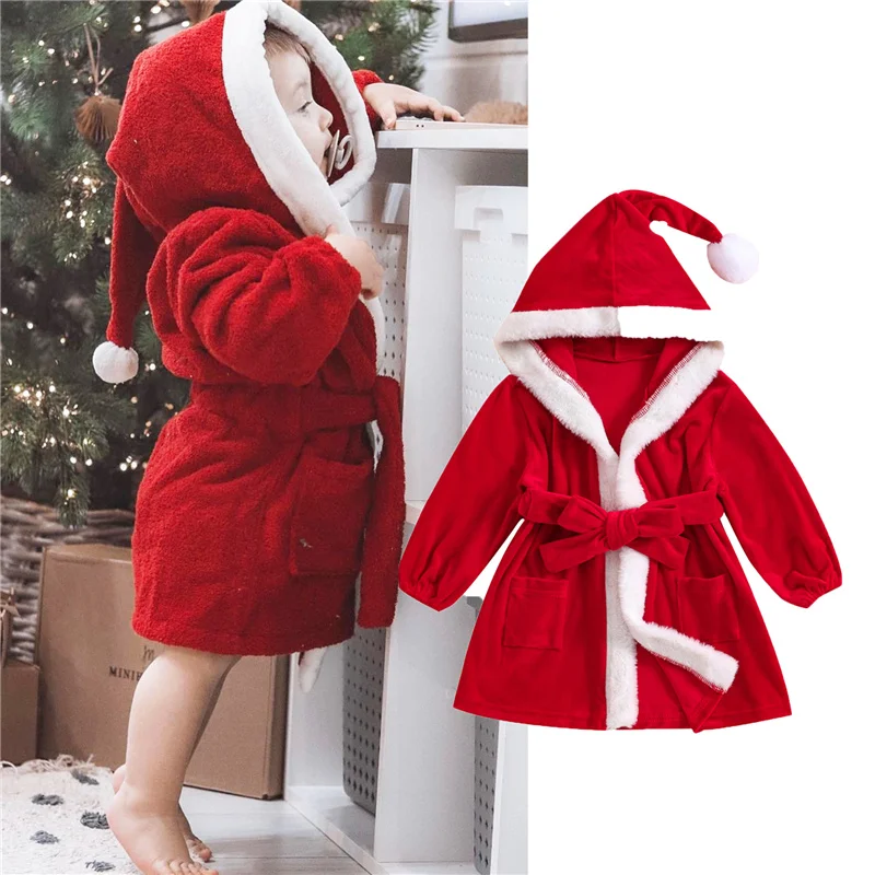 

Baby Girls Robe Toddler Christmas Long Sleeve Furry Contrast Color Hooded Velvet Bathrobe Sleepwear 6Months-4Years