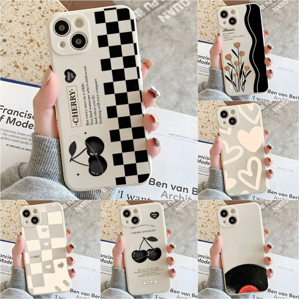 Be Happy Flower Cherry Heart Phone Case For Iphone 11 13 14 Pro Max X Xr Xs Max Se2020 12Mini White Cover Case