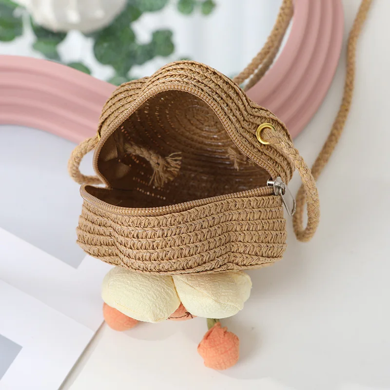 Sweet Straw Crossbody Bag Flower Woven Coin Purse Handbag Girls Kids Shoulder Messenger Bag Cute Princess Mini Handbag
