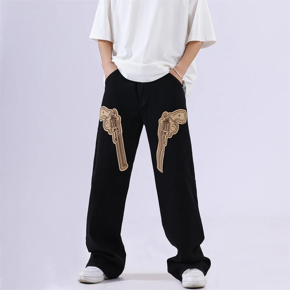 

Vintage Embroidered Double Gun Loose Baggy Jeans Mens Oversized Goth Punk Rock Fashion Street Straight Through Casual Denim Pant
