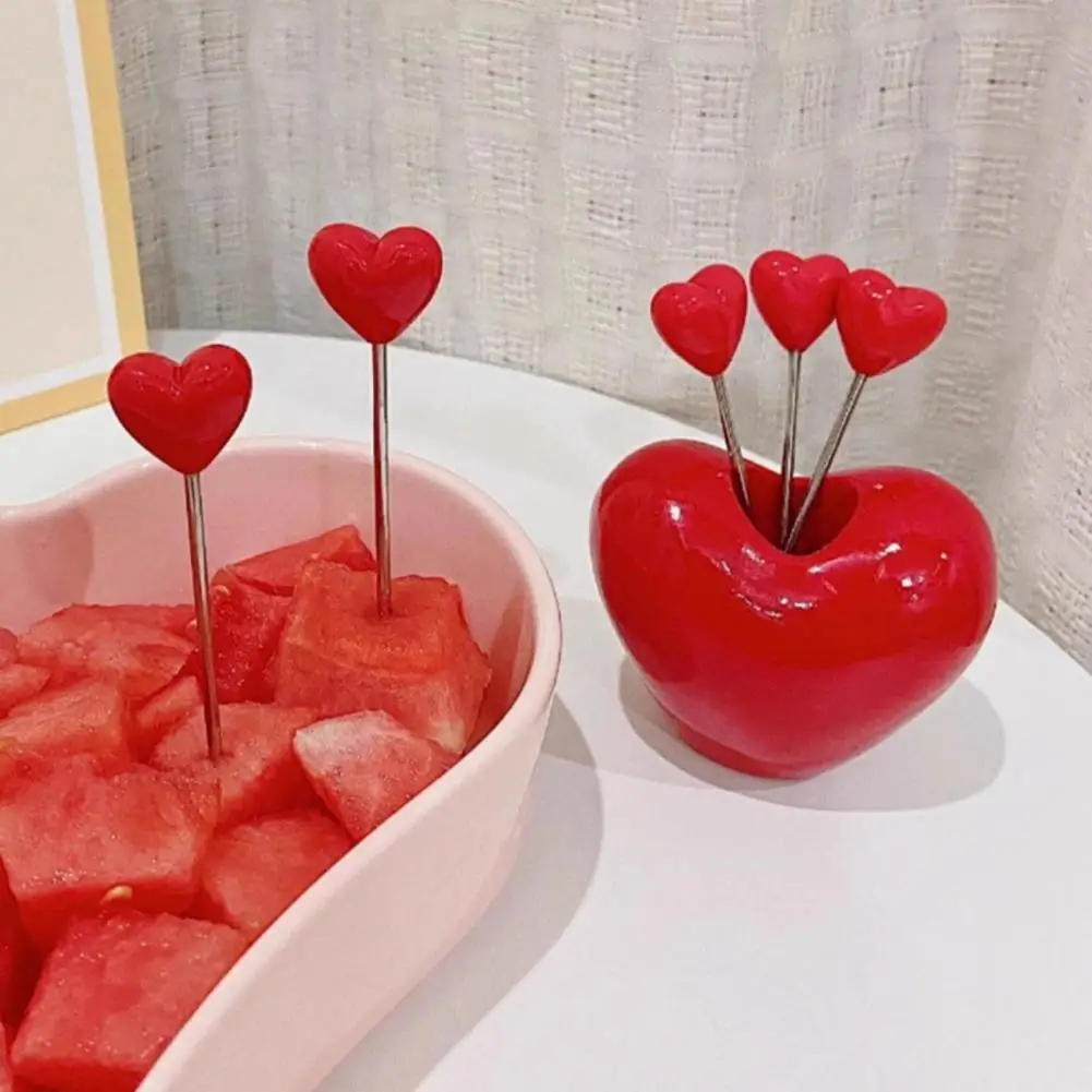 5/10Pcs 9cm Heart-Shaped Fruit Forks Set Vinyl Dessert Cake Appetizer Cocktail Picks With Love Holder Reusable Kitchen Utensils
