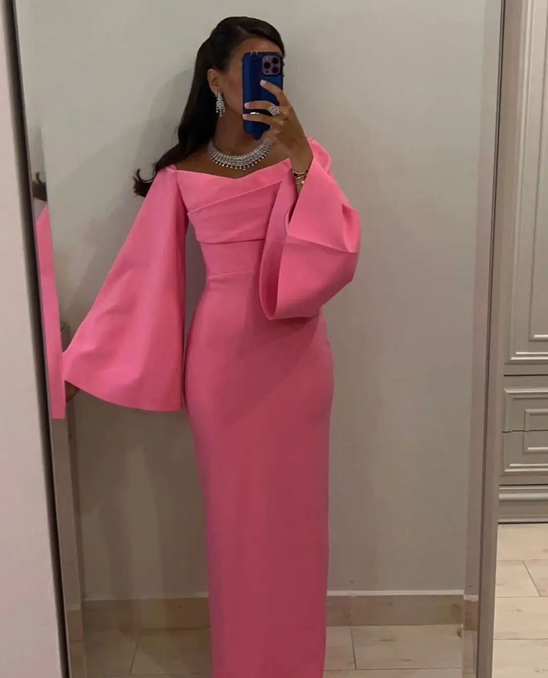 

FLORINE TULIRAIN Square Neckline Full Sleeve Sheath Pink Zipper Up Wedding Evening Dress Cocktail Prom Gown For Sexy Women