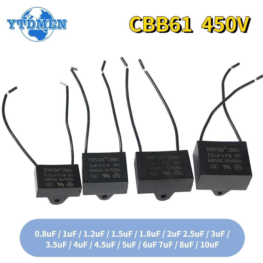 Motor Run Capacitor 1/5pcs CBB61 450V Start Capacitor 0.8/1/1.2/1.5/2/2.5/3/3.5/4/4.5/5/6/7/8/10UF Fan Ceiling Exhaust Motor