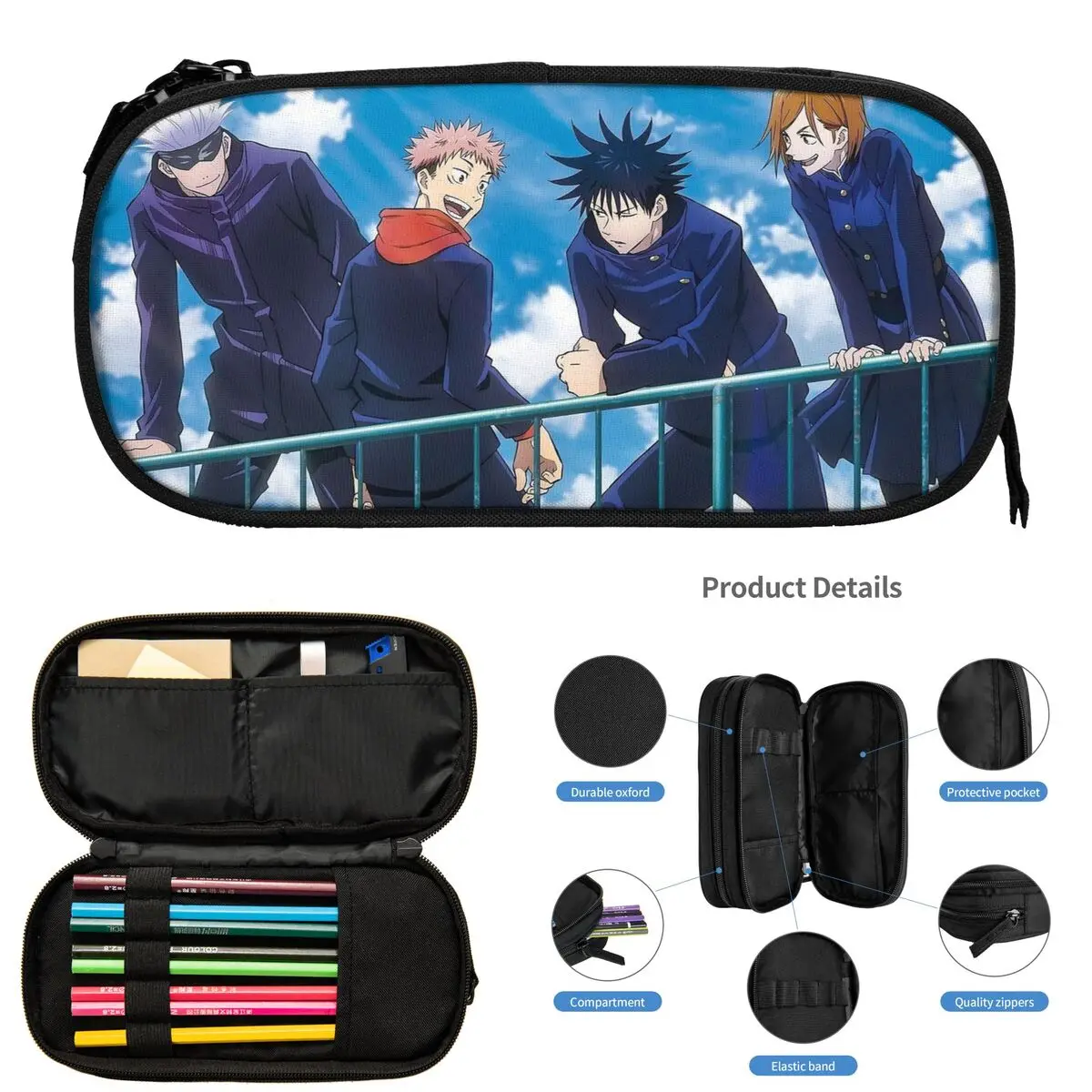 Satoru Gojo Anime Jujutsu Kaisen 학생 선물용 연필 케이스 펜 박스 연필 가방 대용량 연필 파우치