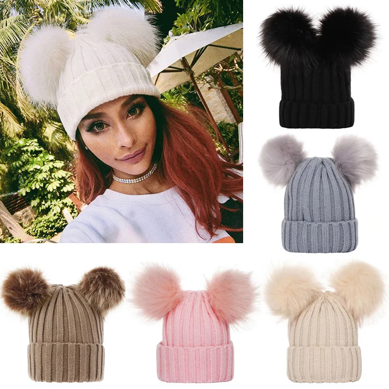 Winter Frauen Beanie Hüte Faux Pelz Ball Mutter Kinder Hüte für Mädchen Jungen Warme Gestrickte Bommeln Frau Kappe Teenager Grils Beanies