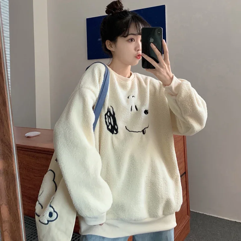 Winter New Arrivals Women Hoodie Sweatshirt Sweet Girly Style Apricot Lamb Wool Embroidery Cute Puppy Female Loose Pullover