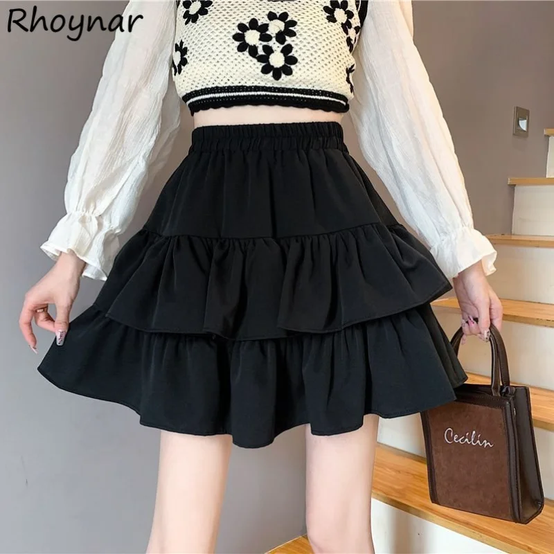 

Ruffles Skirts Women High Waist Hotsweet Ball Gown Princess Folds Fashion Solid All-match Vintage Casual Preppy Chic Ulzzang Ins