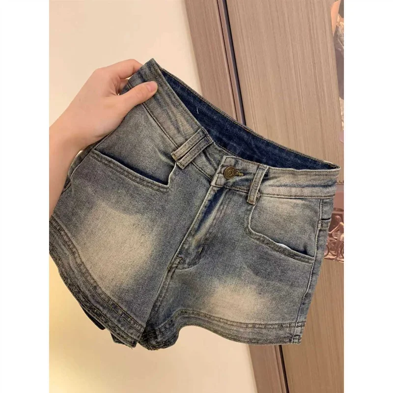 Women's High Waist Vintage Shorts Summer New All-match Slim Thin Pockets Trend A-line Hot Pants Street Casual Fashion Clothing