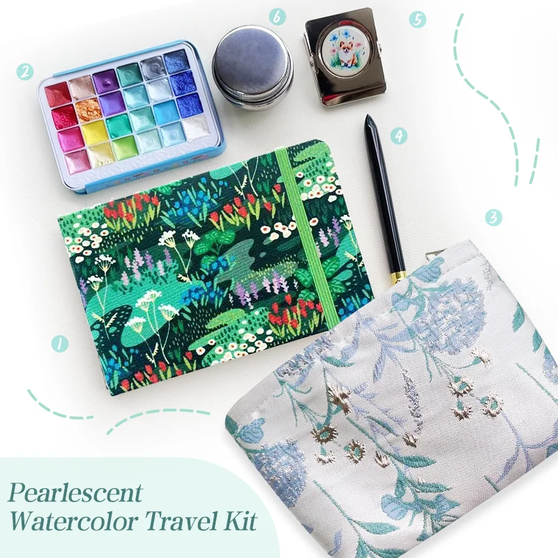 Pearlescent Watercolor Travel Kit-24 Colorsx1ml, 142x90mm Pure Cotton Fine Grain Pad & Chinese Embroidery Organizer with Brush