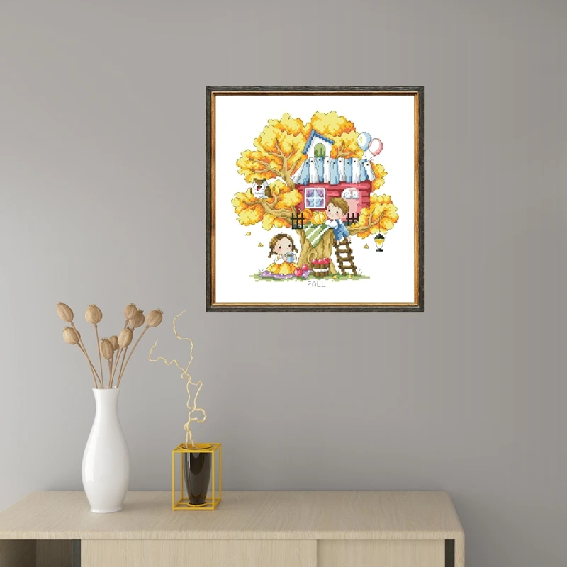 Treehouse of 4 season cross stitch package spring summer 18ct 14ct 11ct cloth cotton thread embroidery DIY handmade needlework