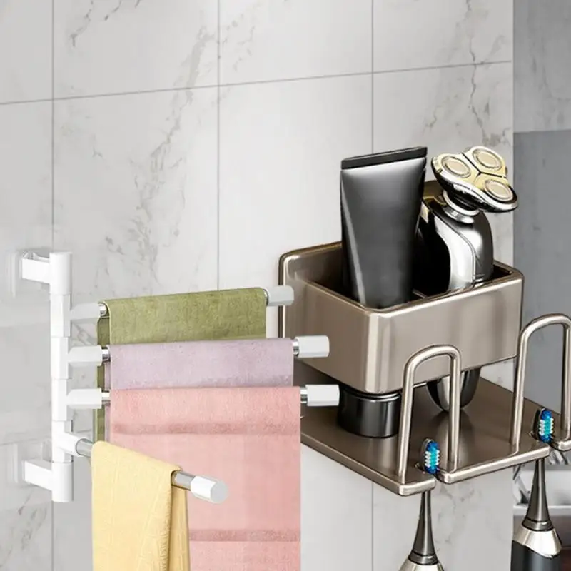 

Wall Mounted Toothbrush Holder Bathroom Rotatable Towel Rack Bathroom Household Space Saving No Punching Bathroom Accessories