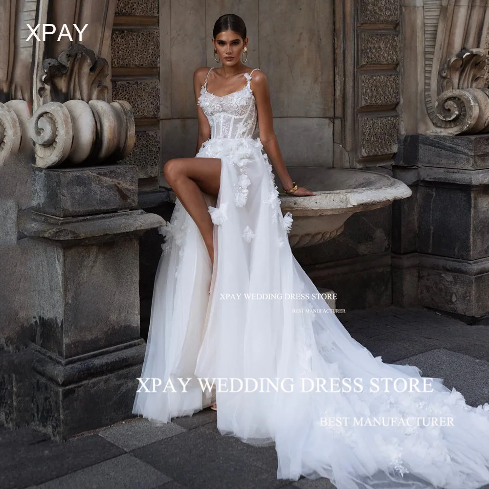 

XPAY Sweetheart Spaghetti Strap Wedding Dresses 2024 3D Lace Appliques Sleeveless Bridal Gown Backless Draped Luxury Bride Dress