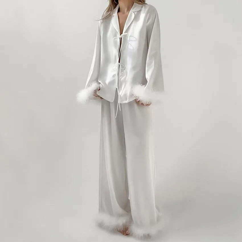 Loose Feather Patchwork Top And Pants Set Casual Home Wear Long Sve Youth Spring Summer Thin Fabric Pure Color Home Faion