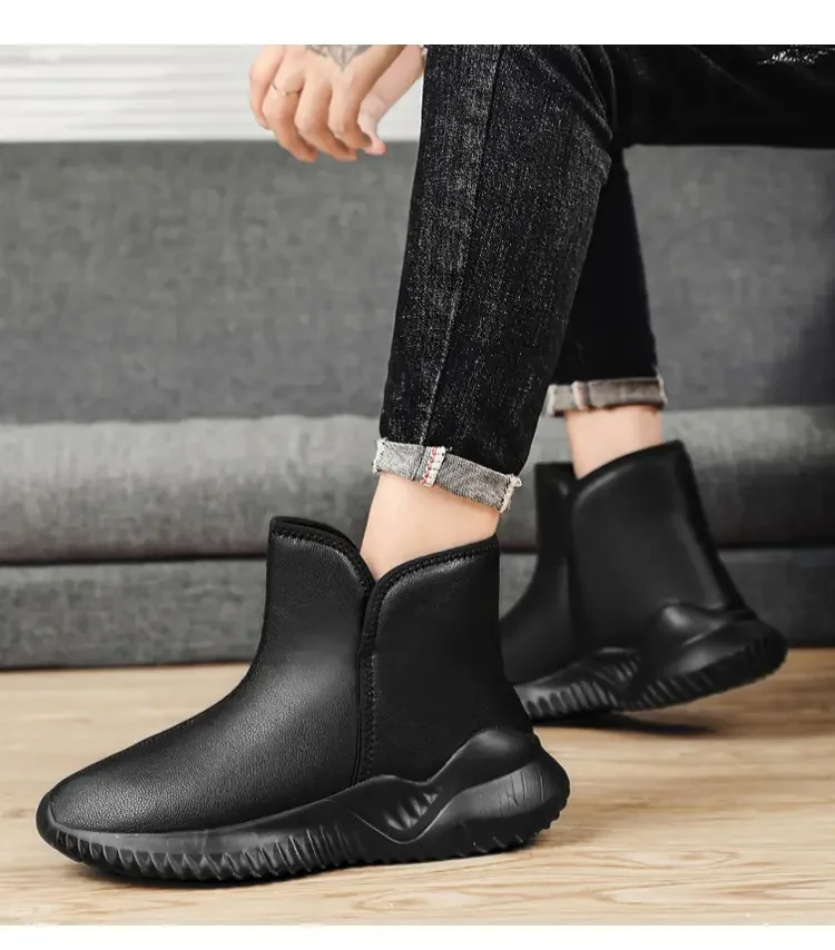 Men\'s Winter Leather Casual Short Boot Thick Bottom High Top Non Slip Were Resistant Light Large Size Plush Warm Snow Boots
