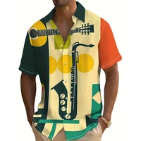 Men's Cartoon Musical Instruments Pattern Short Sleeve Shirt Button Casual Shirt Summer Vacation Men's Oversized Clothing 1