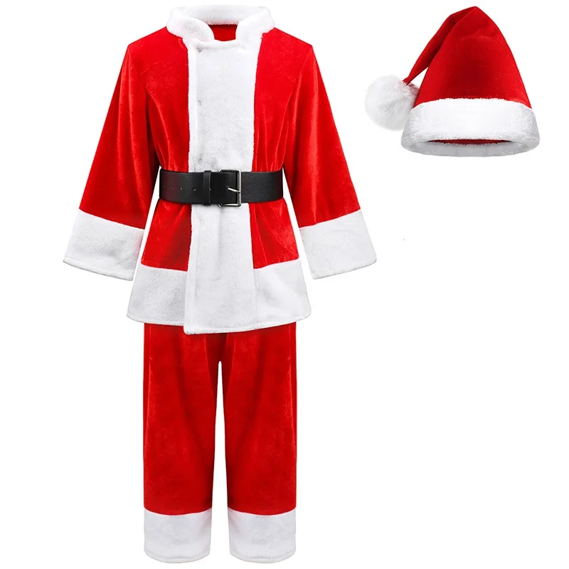 Kids Santa Costume - 5 Piece Set (Jacket, Pants, Hat, Belt, Beard) For Christmas & Halloween, Ages 5-14