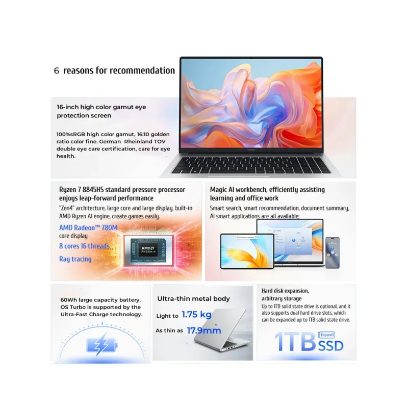 New HONOR Laptop MagicBook X16 Plus 16"Inch 2.5K 120Hz AMD Ryzen R7 8845HS 16/32GB 512GB/1TB Computer PC Notebook Ultrabook 5