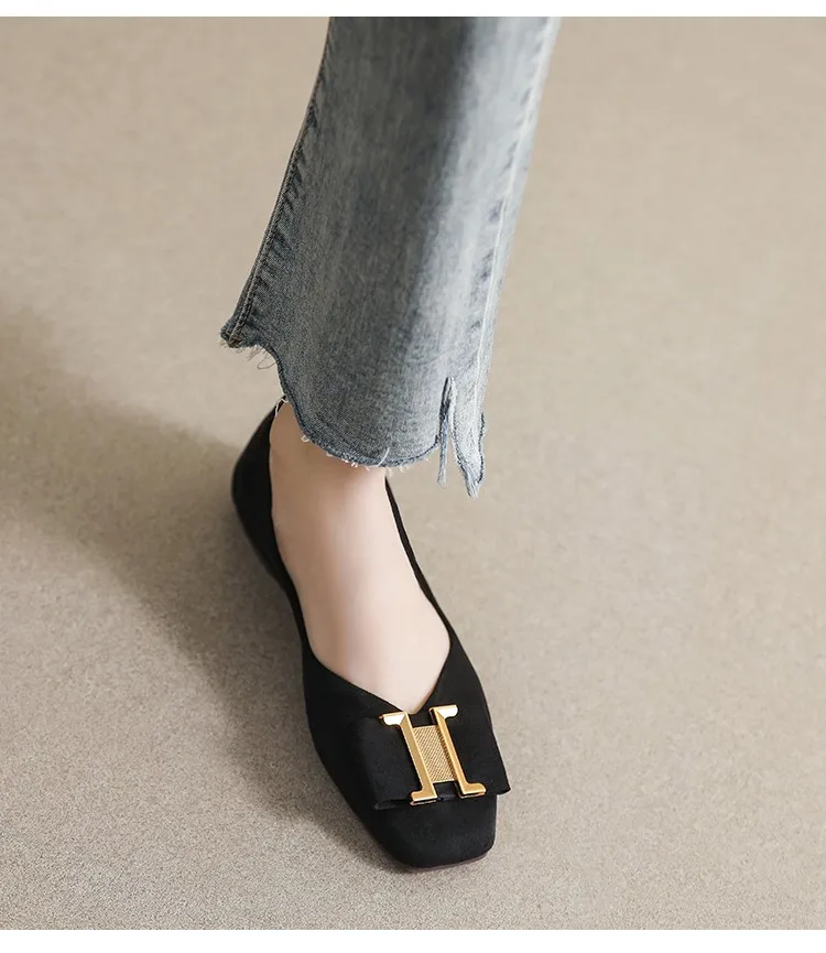 女性用スクエアトゥフラットシューズ,バックルと浅い口の靴,大型