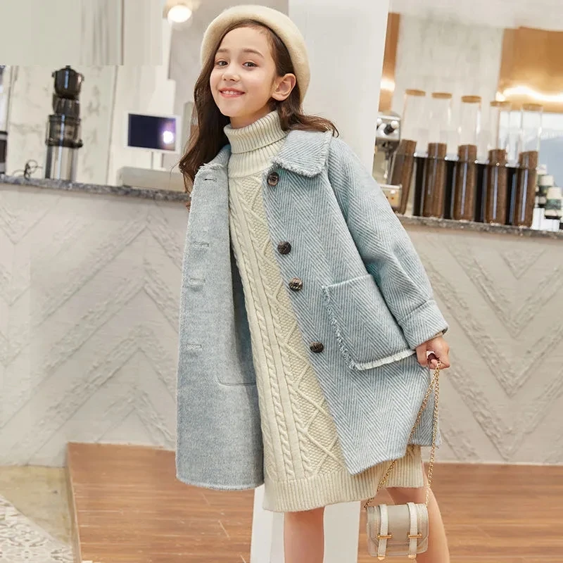 Autumn Girls Woolen Dress Jacket with Pockets Kids Button Lapel Lining Long Coat for Girls Blue Beige Elegant Trench Coat 6-14