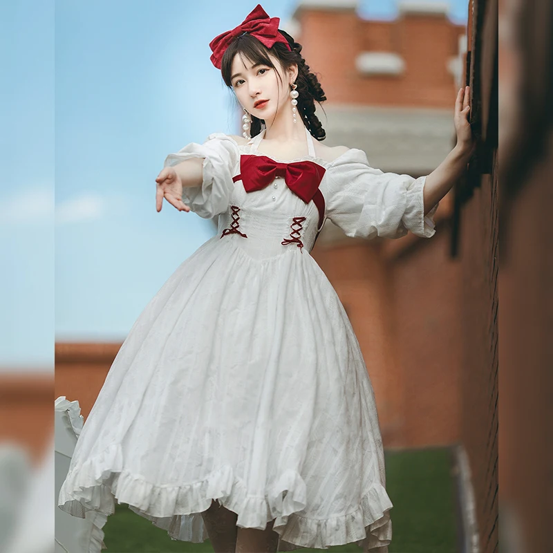 

Princess tea party sweet lolita elegant dress vintage lace bowknot high waist victorian dress kawaii girl op loli cosplay