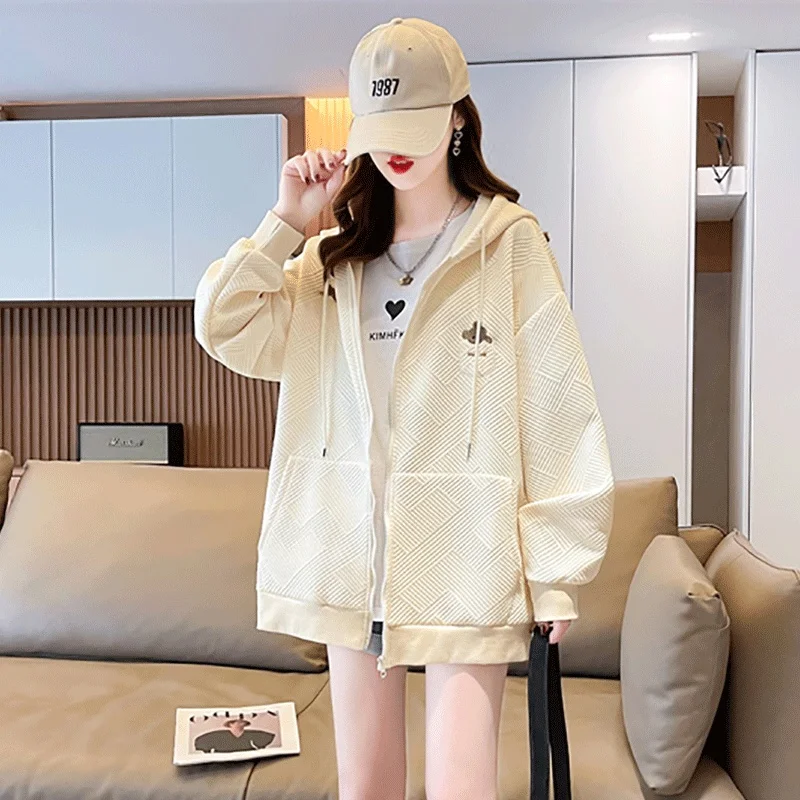 봄과 가을 얇은 능직 겉옷 후드 가디건 자수 곰 오버 핏 후드, 여성 팻 mm 배꼽 커버 슬리밍 탑 패션