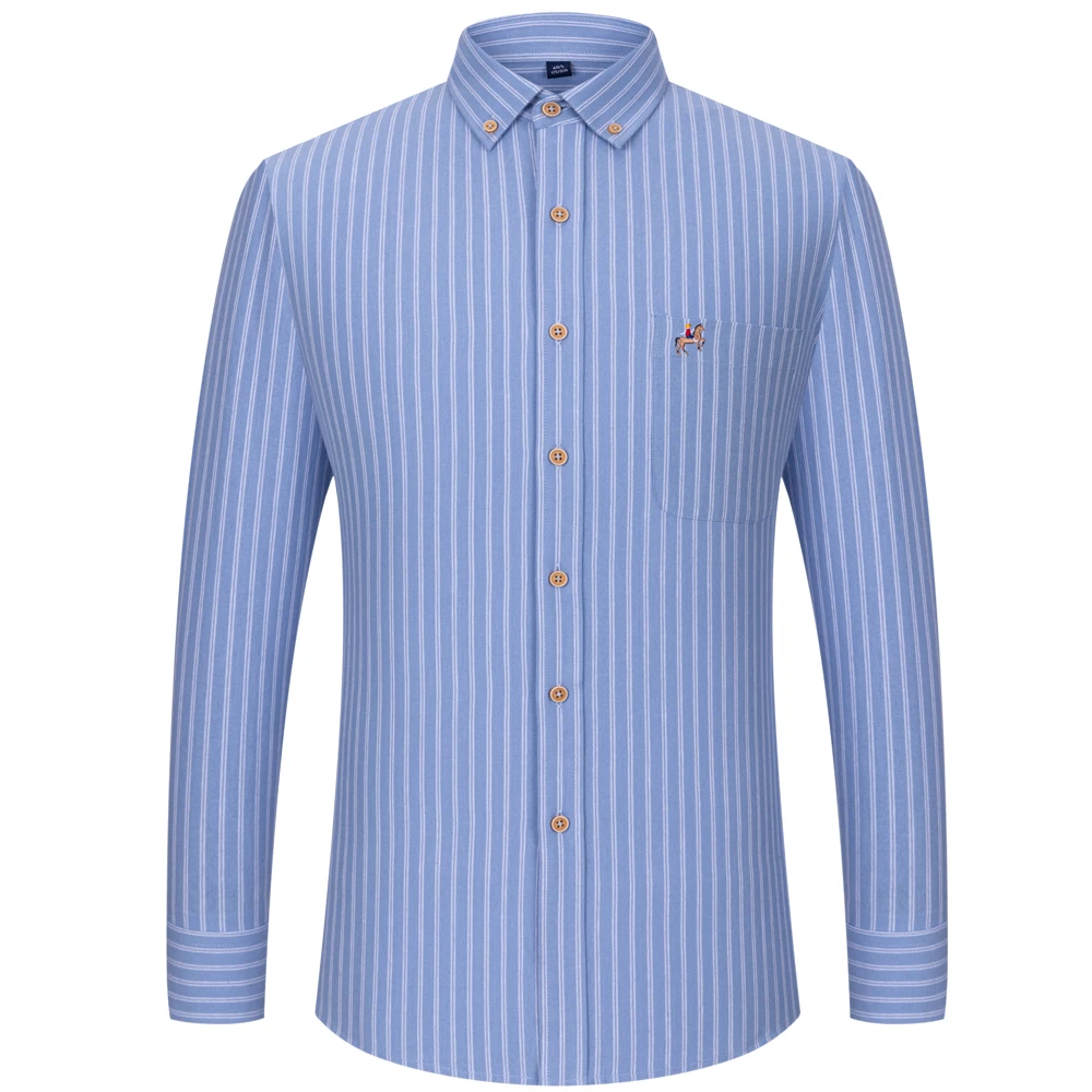 Fashion Men's Long Sleeve Casual 100% Cotton Striped Oxford Shirt with Embroidered Chest Pocket Standard-fit Button-down Shirts images - 6