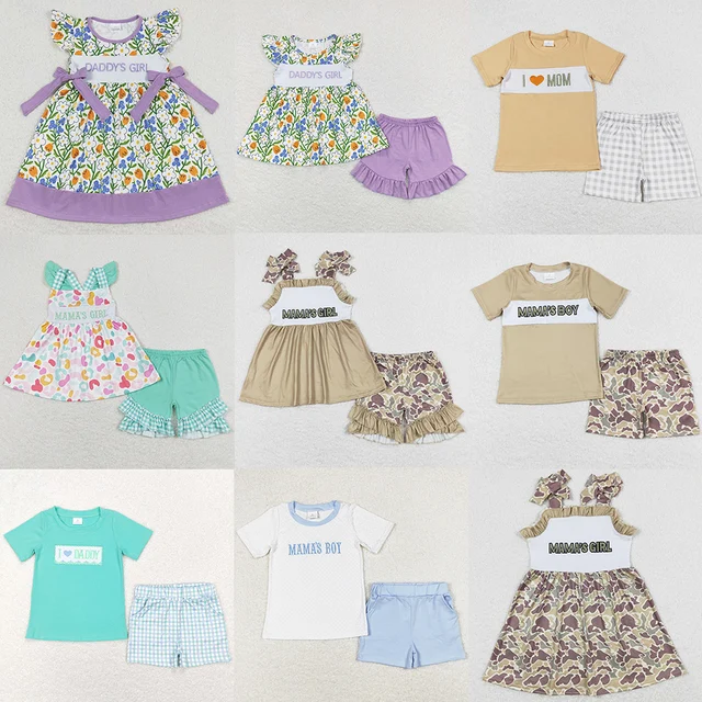 Ropa de verano para niñas, trajes de Boutique para mamá, niño, papá, niña, bordado, ropa para Hermanos, conjuntos de pantalones cortos para niñas, venta al por mayor