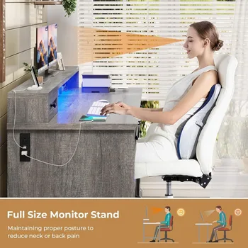 Farmhouse Executive Desk with File Drawer, Computer Desk with Charging Station & LED Lights, Home Office Desk with Drawers & Sto 4