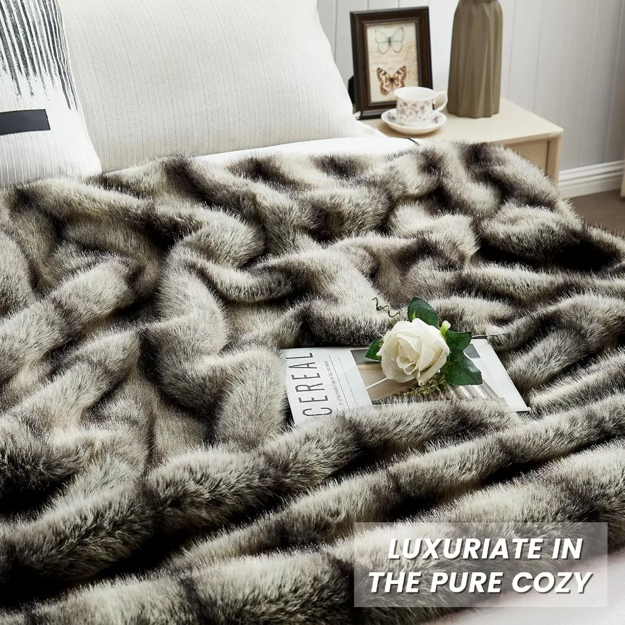 Highend Premium Fuzzy Faux Wolf Fur Throw Blanket 50 x 60 Luxury Cozy Accent Thick Animal Skin Fluffy Fox Blanket for Couch Sof