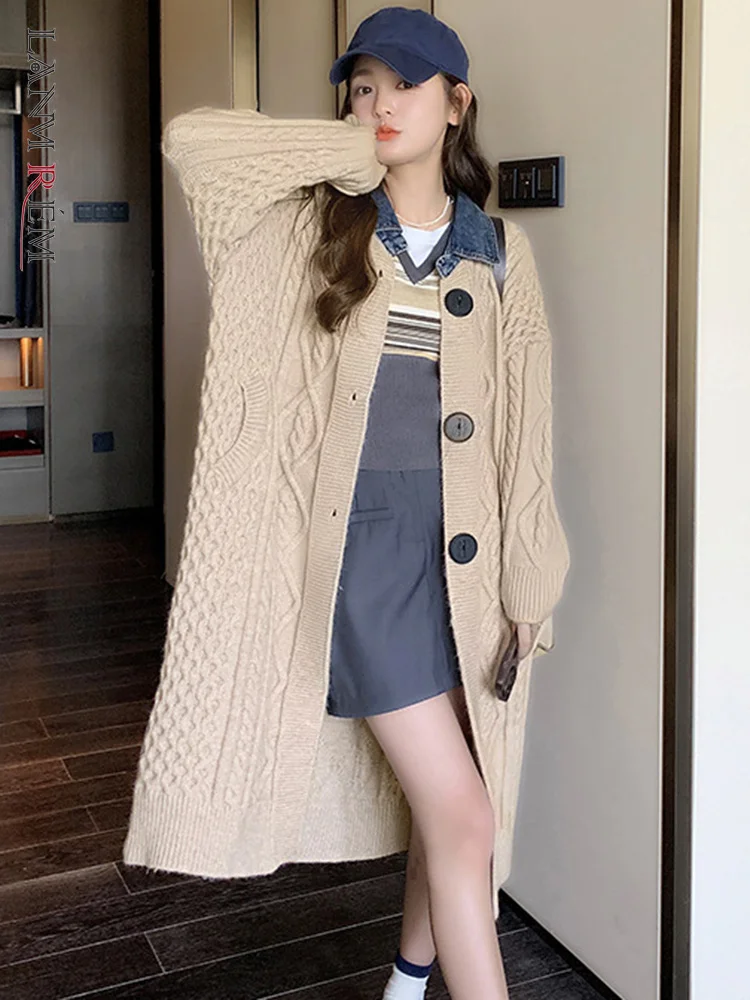 

LANMREM Fashion Knitting Long Sweater Coat Women Denim Spliced Lapel Single Breasted Clothing Casual 2023 Autumn New 2AA1823