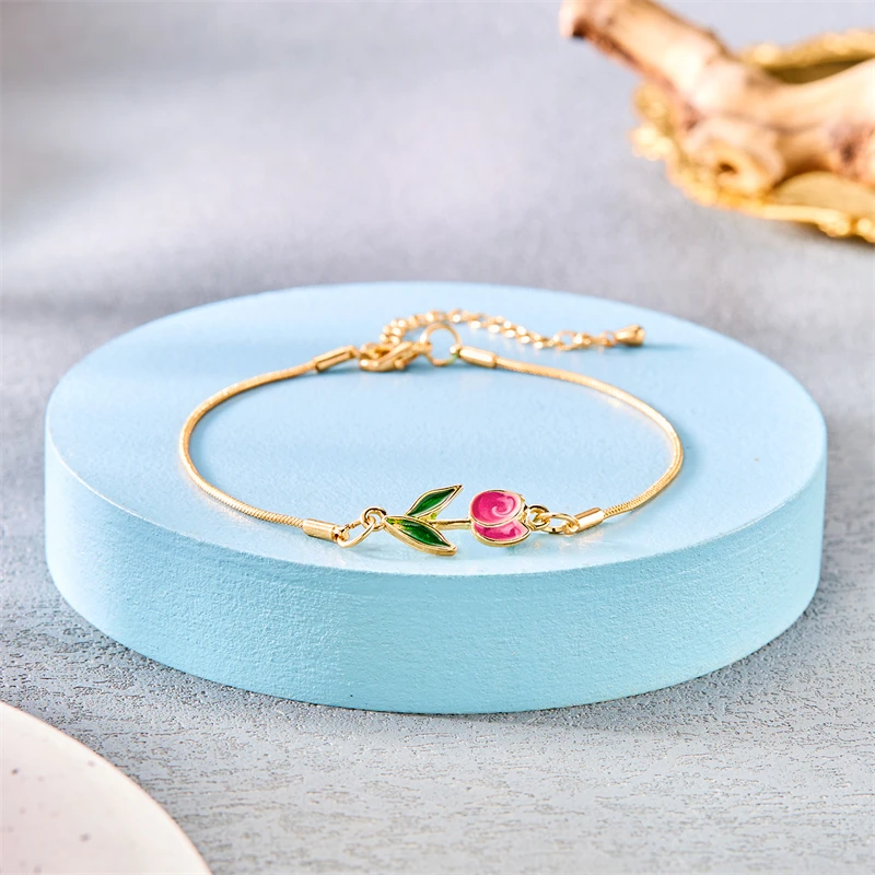 ★OY★ FLORAL CHAIN BRACELET★正規品/韓国直送料込/人気 Japan Korea Elegant Tulip Rose Bracelet For Women Girls
