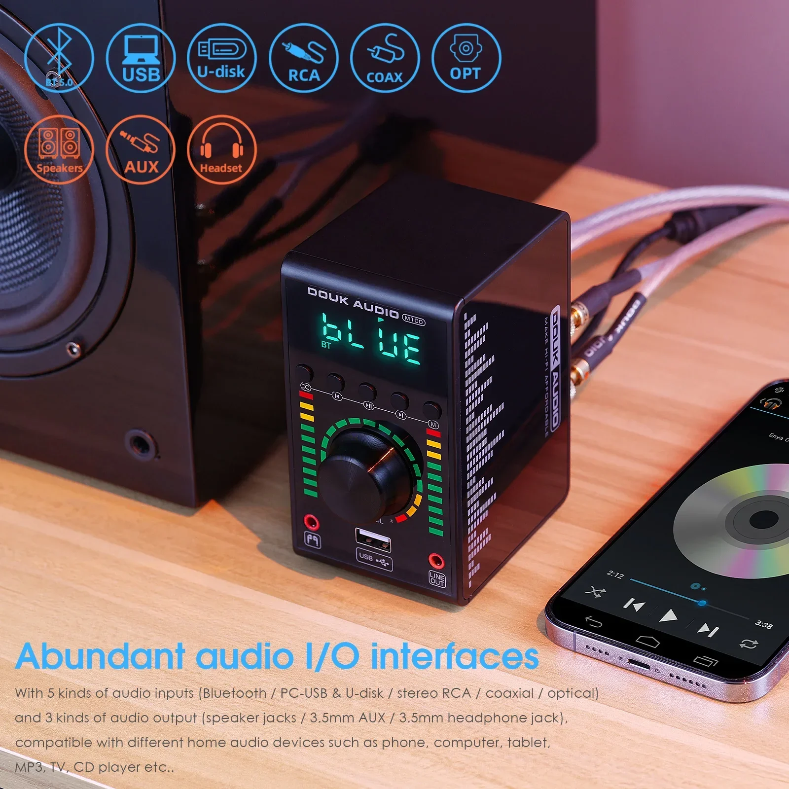 Mini Bluetooth 5.0 Digital Amplifier USB DAC COAX/OPT Home Audio Amp  24Bit/192K
