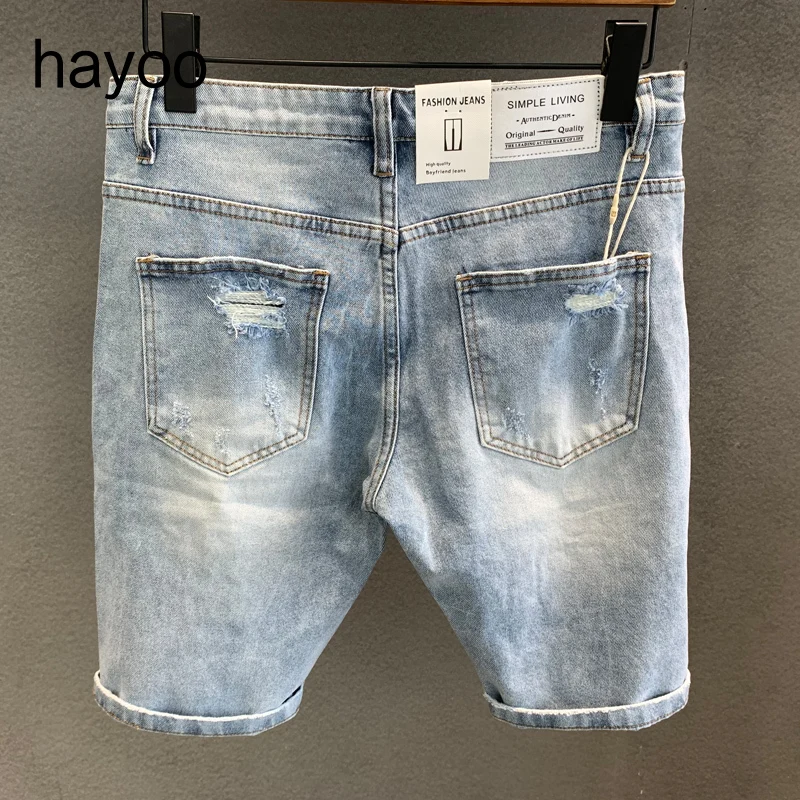 Light blue ripped denim shorts men's summer thin slim Korean style trendy men's cropped pants