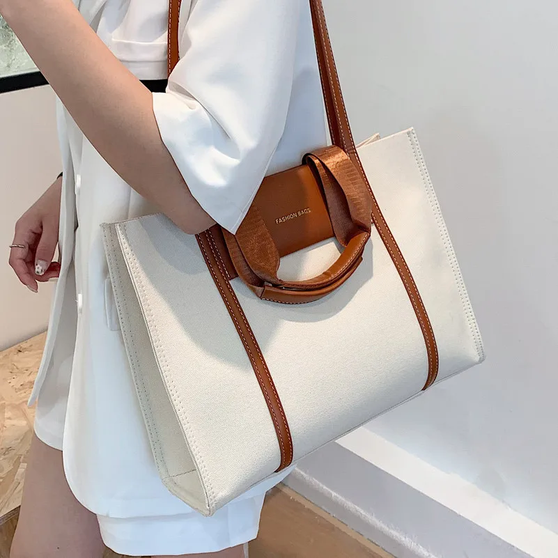 PU Leather Patchwork Women Shoulder Bag Simple Thick Cloth Handbag Tote for Girls Female Large Messenger