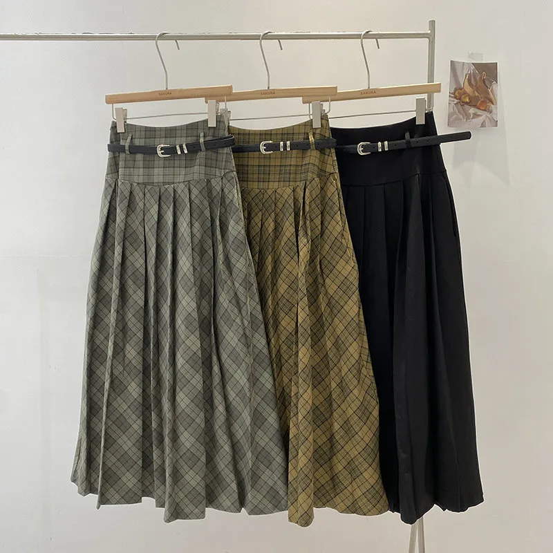 

Casual Loose Plaid Print Long Skirt Autumn Harajuku Low Rise Pleated Skirts for Women 2000s Aesthetic Ladies Streetwear