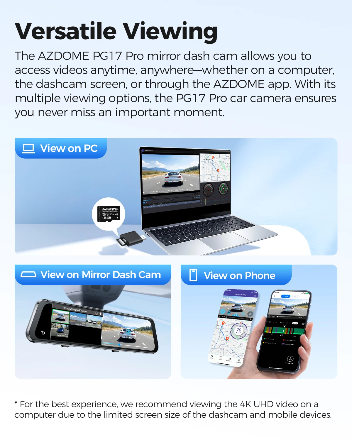 AZDOME 4K+2.5K Dash Cam PG17 Pro Dual HDR Rear View Mirror Camera SONY STARVIS2 Sensor 5G WiFi OTA Upgrade Timeline Playback dash cam