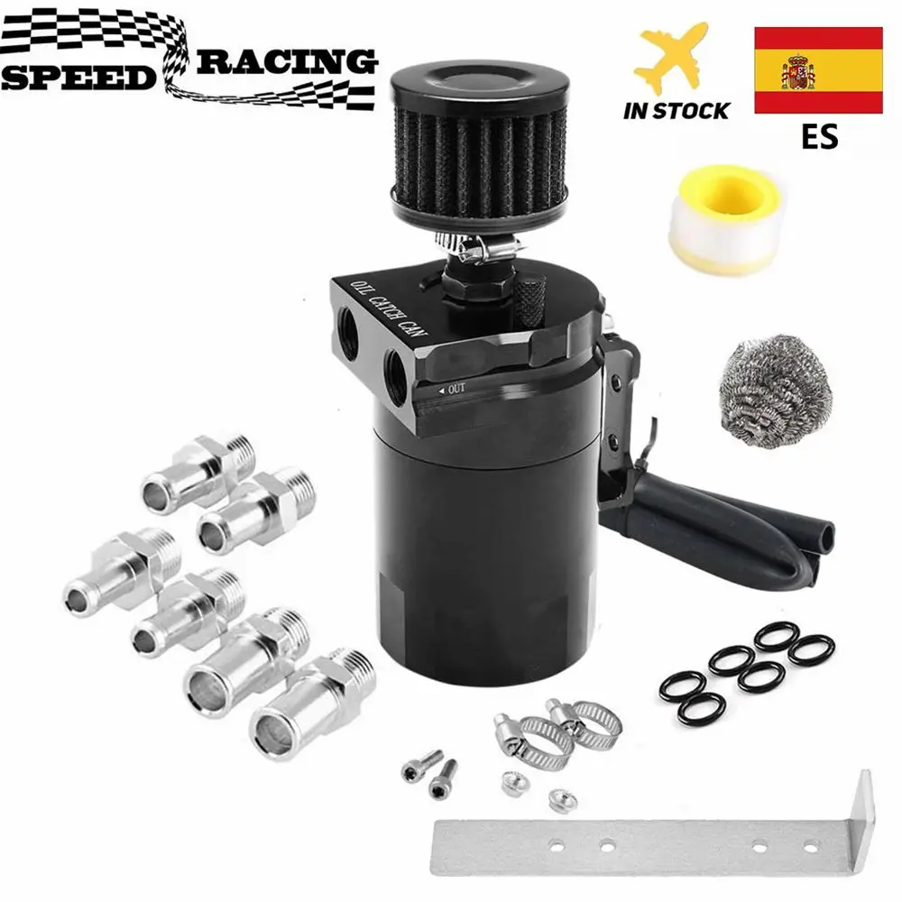 Oil Catch Can Car Baffled Reservoir Tank with Air Filter Breather Aluminum Fittings Oil Dipstick Hole