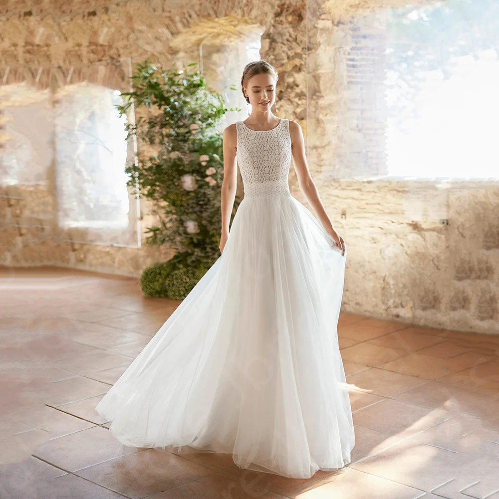Charming White Tulle Wedding Dresses Lace Bridal Gowns Sleeveless Bride Dresses 2024 Round Neck Beach Wedding Gowns Back Out 18 Scb4d3bdda572477cb38d80d92fe9b5ben