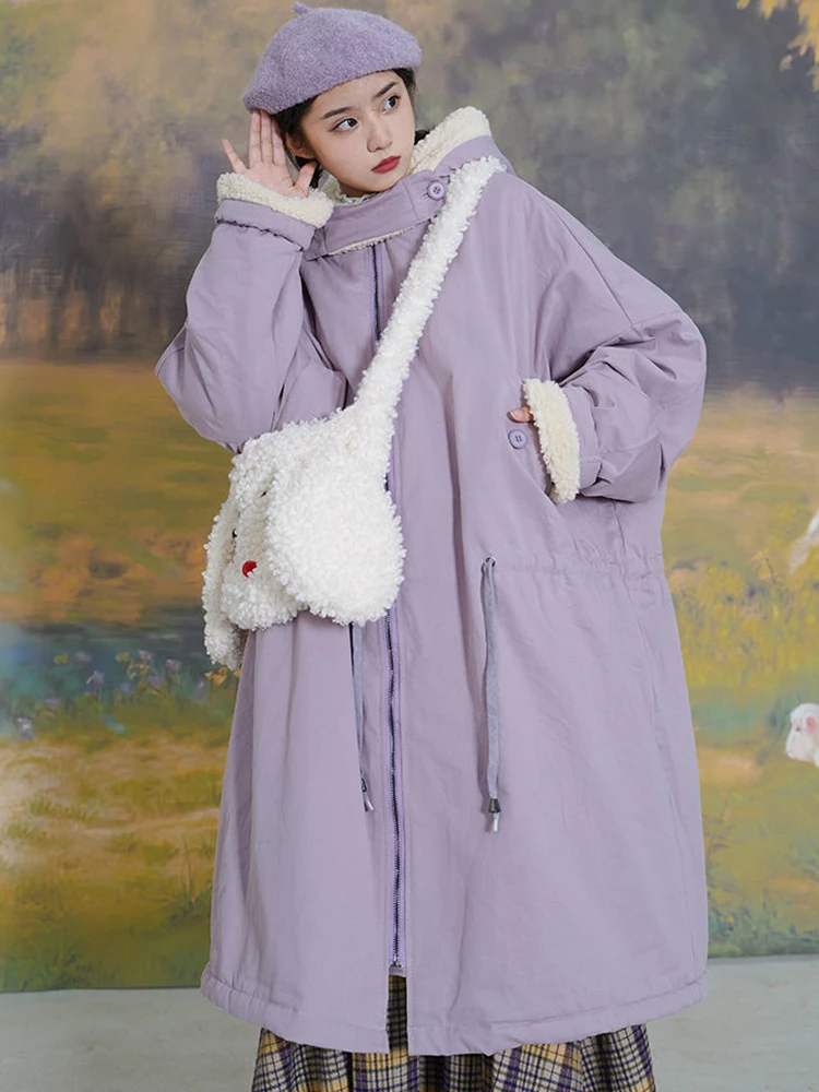 

Зимние длинные куртки для женщин, корейская мода, пальто из искусственной овечьей шерсти, Женская Повседневная Свободная теплая утепленная верхняя одежда на молнии с капюшоном и шнурком