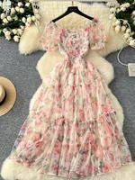 Summer Vintage French Mesh Dress for Women New Waist Cinched Slash Neck Bubble Sleeves Sweet Floral Chiffon Dress Female C146 - Image 2