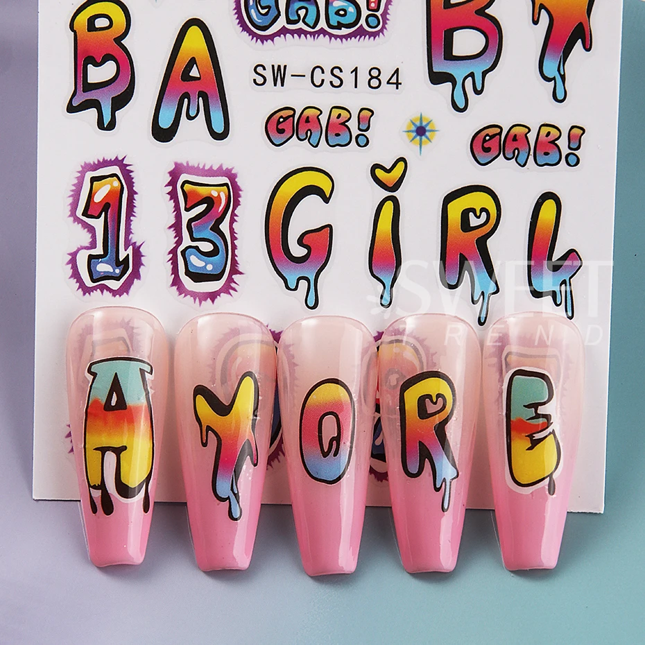 3pcs Colorful Number Letter Wave Line Design Nail Art Stickers 3D self Adhesive Cartoon Nail Art Decals DIY Manicure Decoration