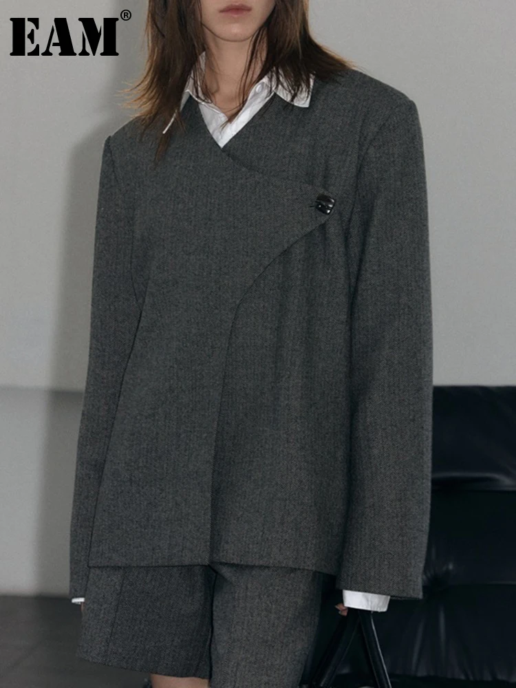 

[EAM] Women Black Gray Big Size Irregular Woolen Blazer New V-neck Long Sleeve Jacket Fashion Tide Autumn Winter 2024 1DH3935