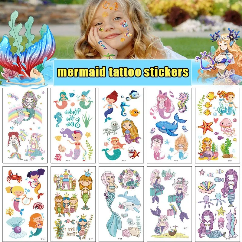 10 Pack Fake Tattoo Stickers Cartoon Temporary Tattoos Kids Arm Tattoos Kids Undersea Mermaid Fun Party Tattoo Stickers tattoo stickers butterfly animal temporary fake tattoos paste on face arm leg for children body art tattoo stickers